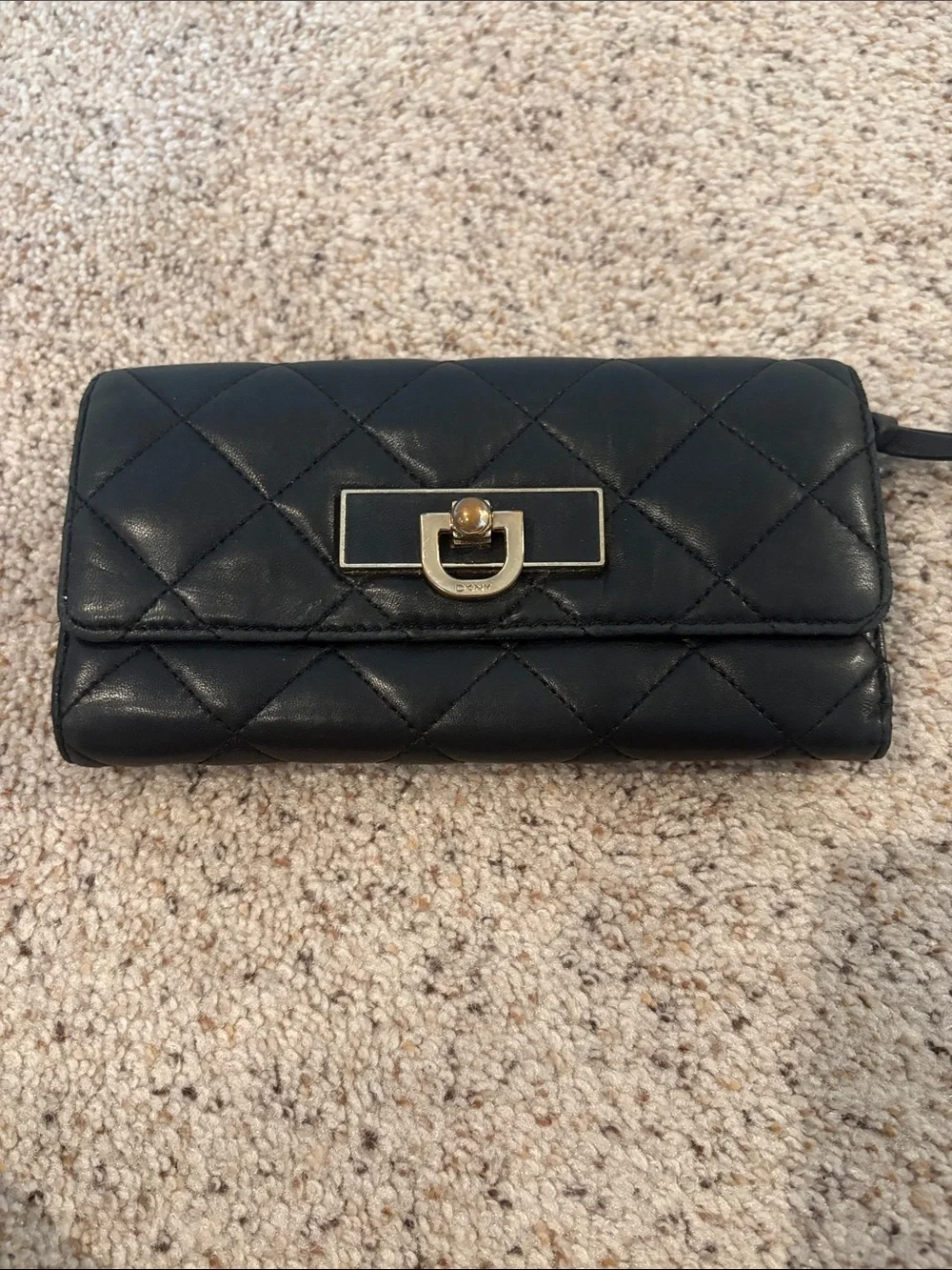 DKNY Black Quilted Leather Turn-Lock Wallet with Gold Hardware